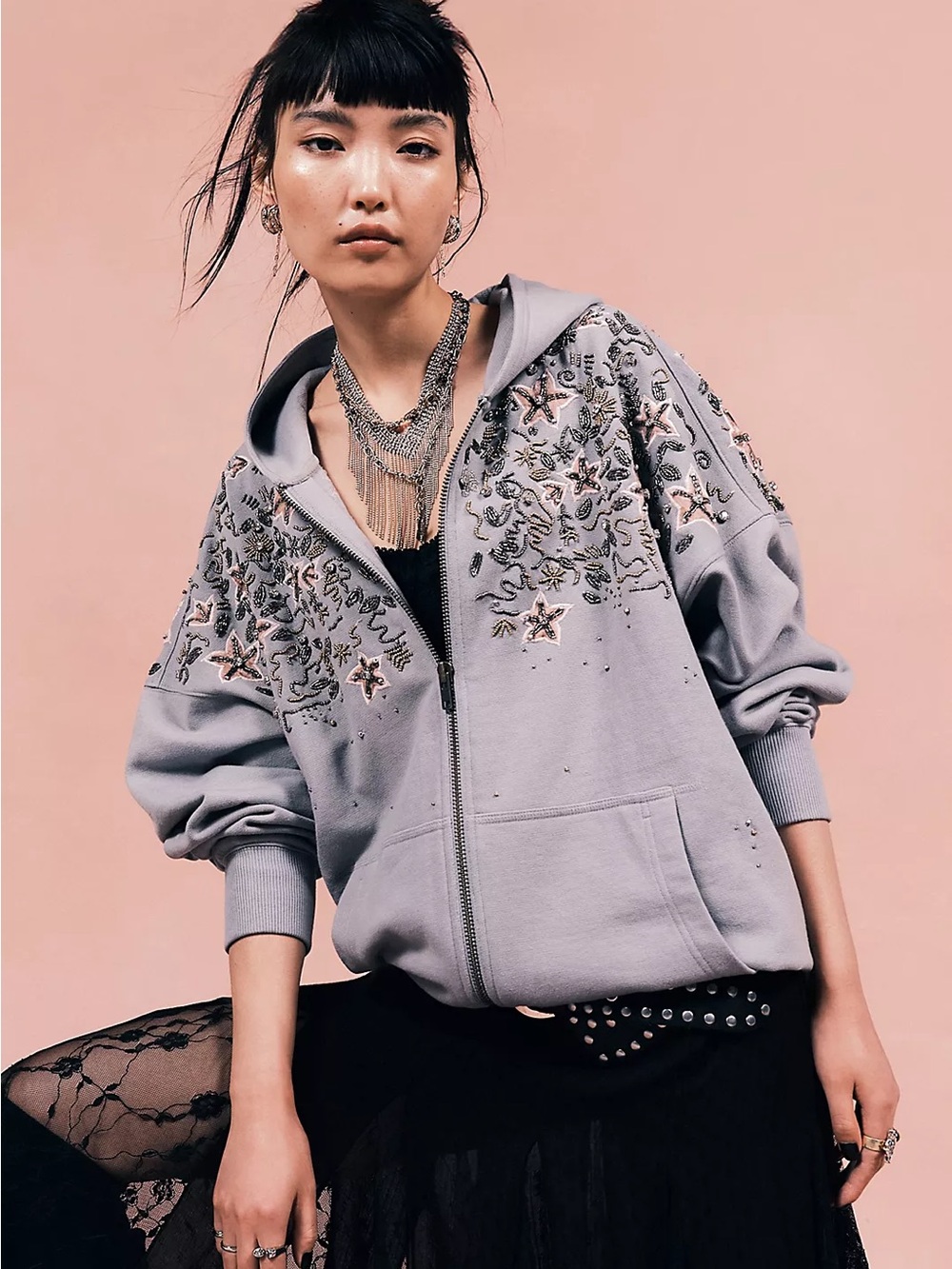 NWOT Free People Glitter Oversized Hoodie Embellished Beaded Bohemian Zip Front